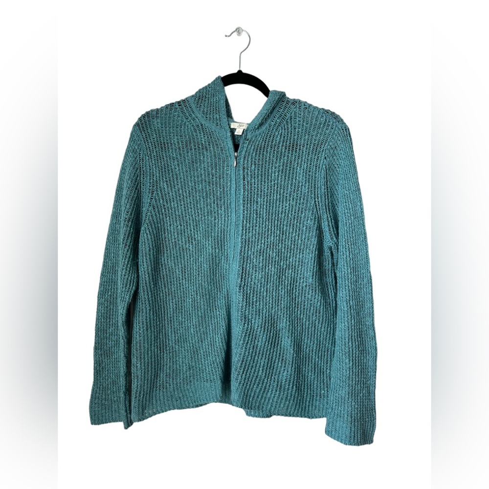 J. Jill Cardigan Sweater Womens Large‎ Teal Open-Knit Cover Up Linen Blend